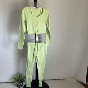 Women’s Lime Green Knit Two-Piece Set - Long Sleeve Crop Top & Leggings